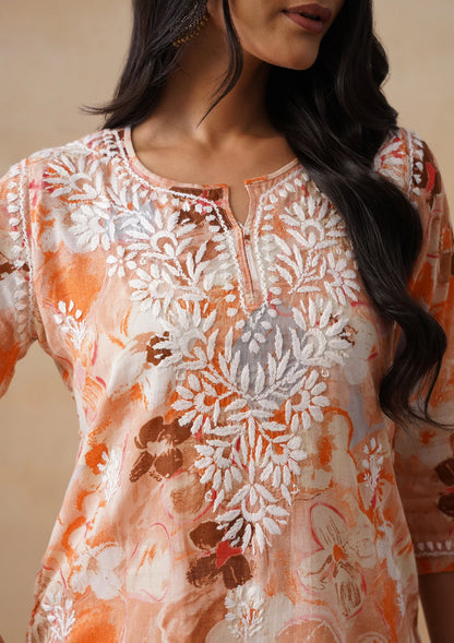 Aaryaa Surkh-Saaz Mulmul Chikankari Long Kurta – Amber Orange