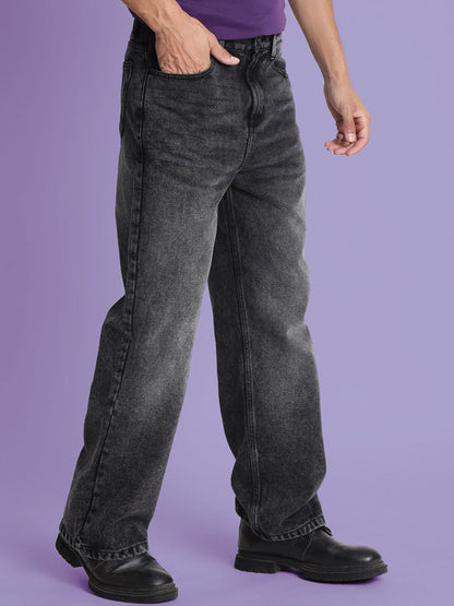 Men’s Medium Shade Heavy Fade Black Wide-Leg Cropped Jeans – 100% Cotton, Mid-Rise, 5-Pocket