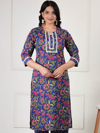 Blue Floral Printed Kurta with Patchwork – Cotton, Straight Fit, 3/4 Sleeve, Women’s Ethnic Wear