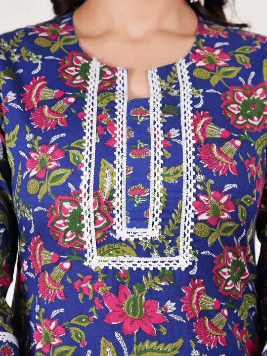 Blue Floral Printed Kurta with Patchwork – Cotton, Straight Fit, 3/4 Sleeve, Women’s Ethnic Wear