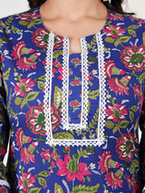Blue Floral Printed Kurta with Patchwork – Cotton, Straight Fit, 3/4 Sleeve, Women’s Ethnic Wear